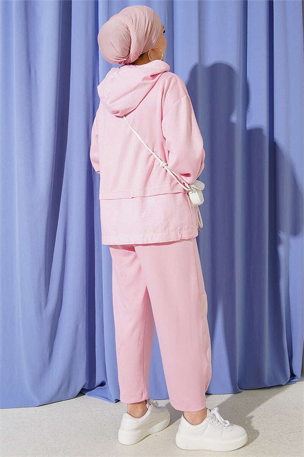 Embellished Hooded Harem Pants 2 Piece Set, Pink