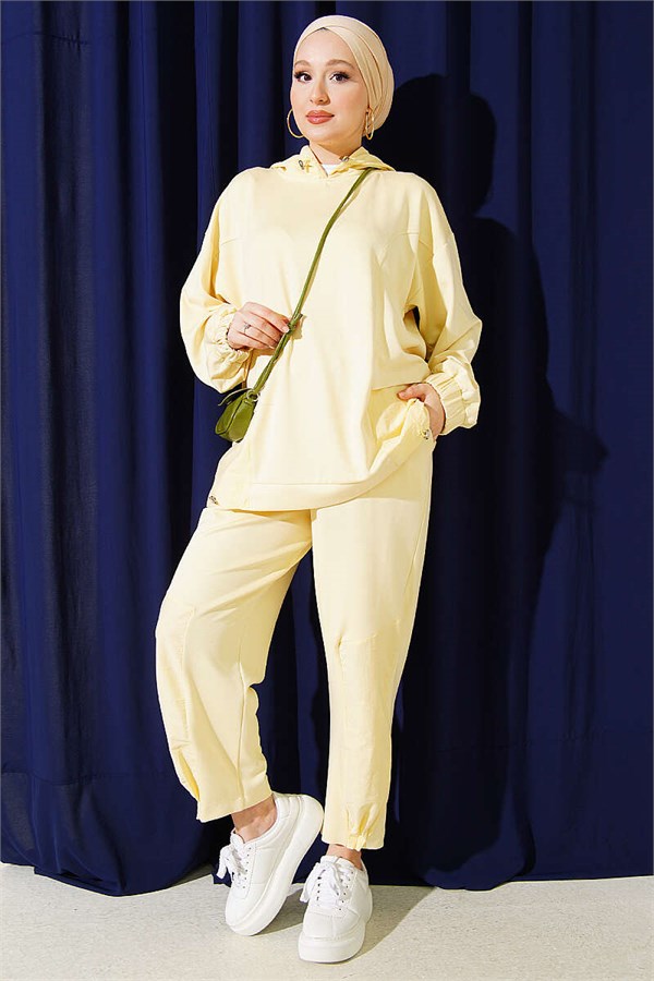 Trimmed Hooded Trousers 2 Piece Set, Yellow