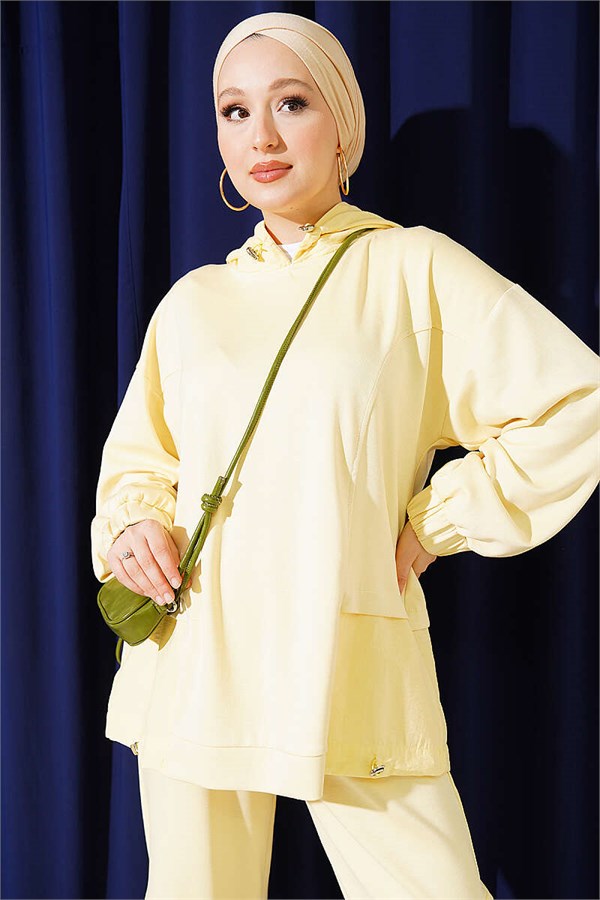 Trimmed Hooded Trousers 2 Piece Set, Yellow