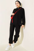 Embellished Hooded Trousers 2 Piece Set, Black