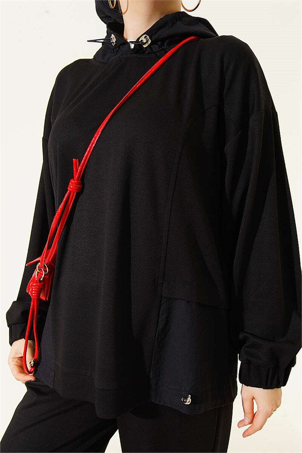 Embellished Hooded Trousers 2 Piece Set, Black