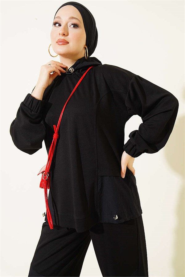 Embellished Hooded Trousers 2 Piece Set, Black