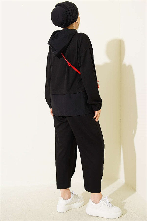 Embellished Hooded Trousers 2 Piece Set, Black