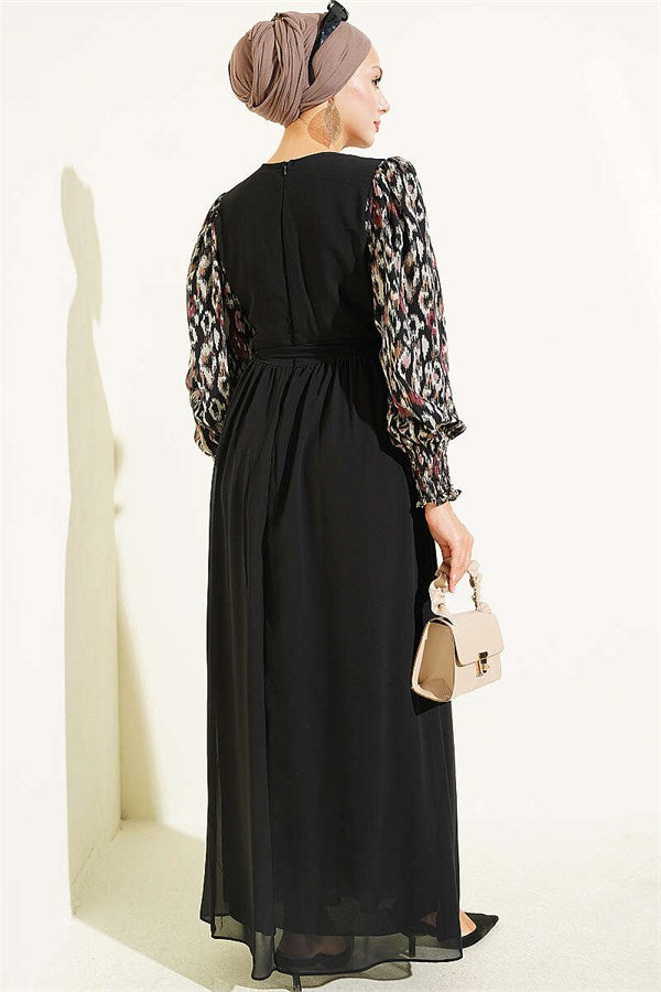 Burgundy Chiffon Dress with Embellished Sleeves and Pattern