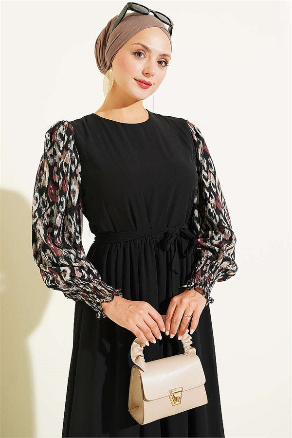 Burgundy Chiffon Dress with Embellished Sleeves and Pattern