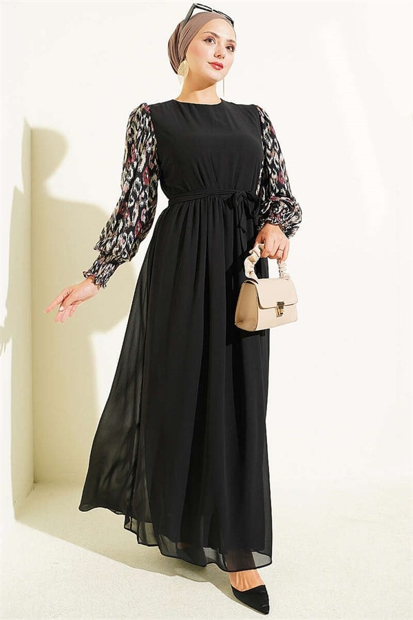 Burgundy Chiffon Dress with Embellished Sleeves and Pattern