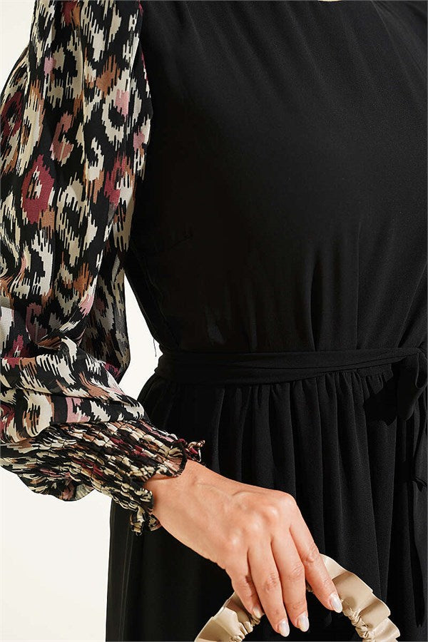 Burgundy Chiffon Dress with Embellished Sleeves and Pattern