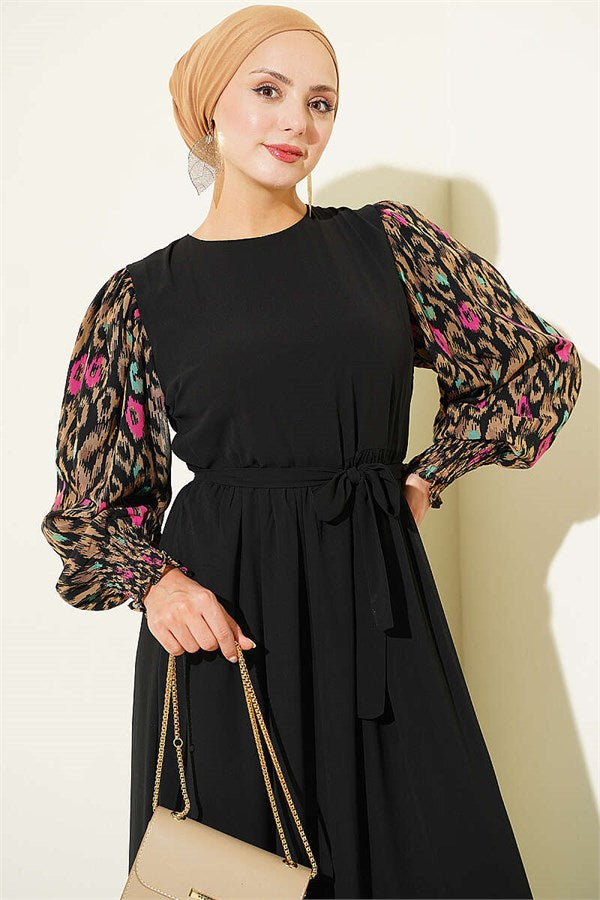 Latte Patterned Chiffon Dress with Embellished Sleeves
