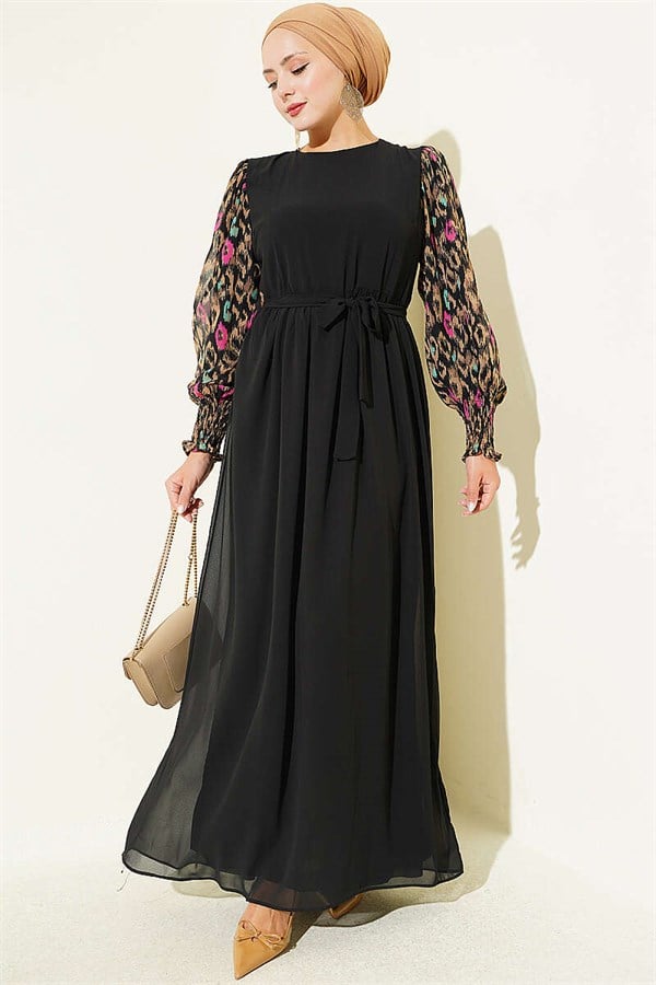 Latte Patterned Chiffon Dress with Embellished Sleeves