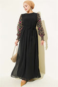 Latte Patterned Chiffon Dress with Embellished Sleeves