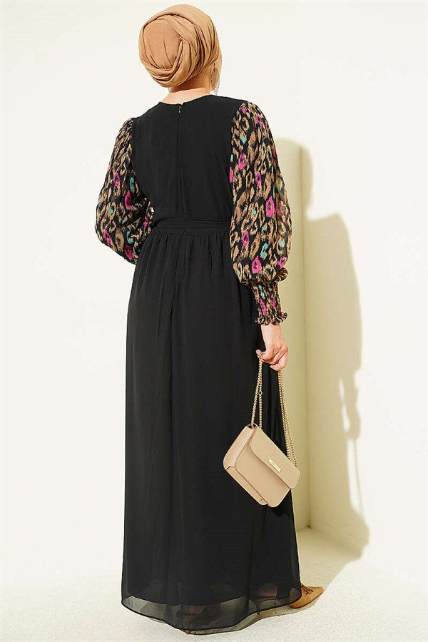 Latte Patterned Chiffon Dress with Embellished Sleeves