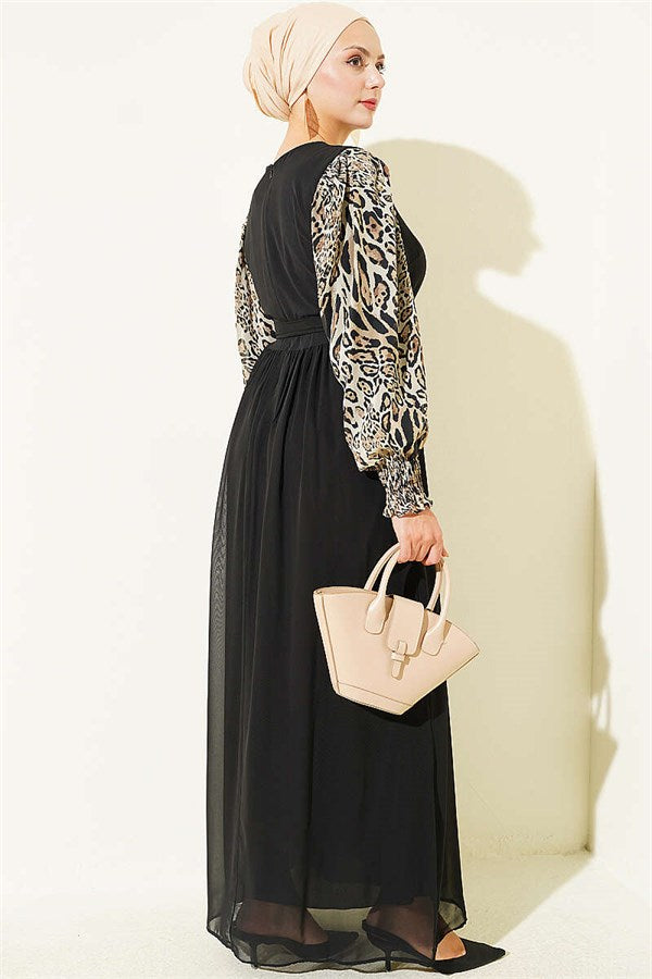 Leopard Print Chiffon Dress with Embellished Sleeves