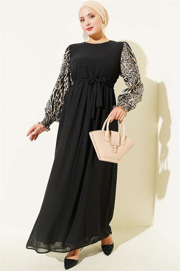Leopard Print Chiffon Dress with Embellished Sleeves