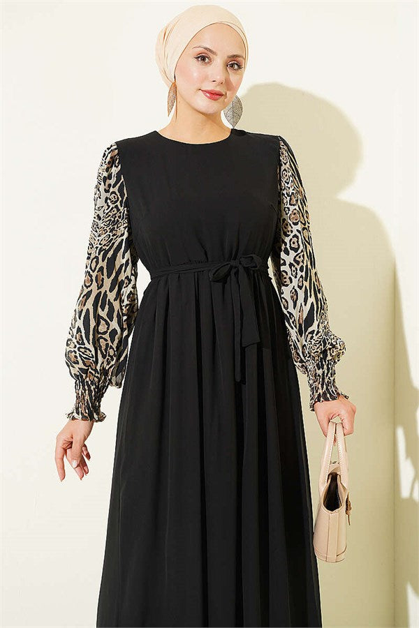 Leopard Print Chiffon Dress with Embellished Sleeves