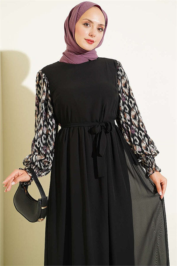 Patterned Chiffon Dress with Embellished Sleeves, Purple