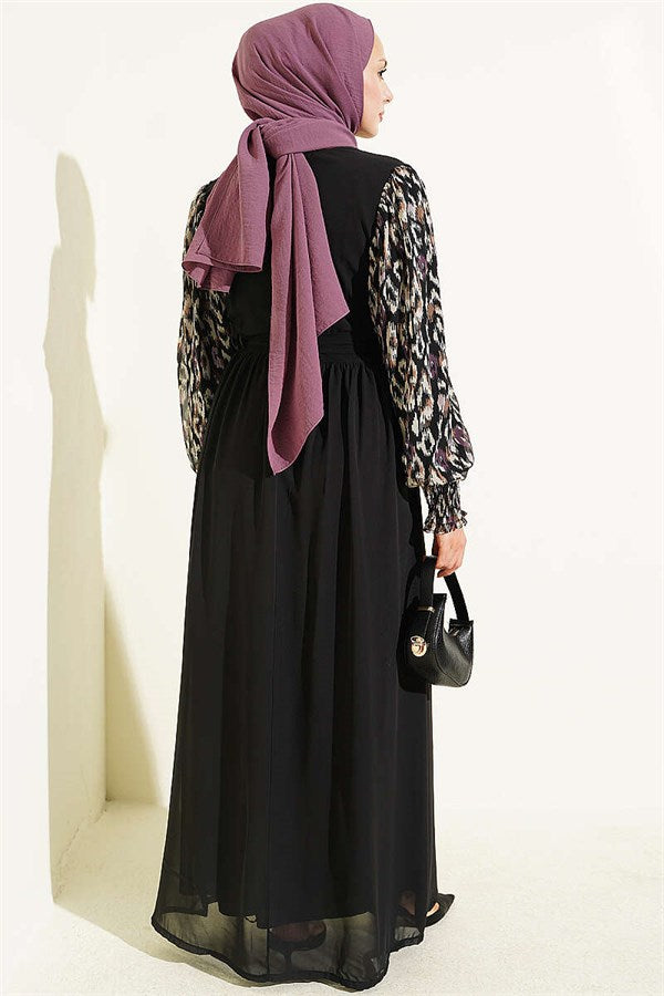 Patterned Chiffon Dress with Embellished Sleeves, Purple