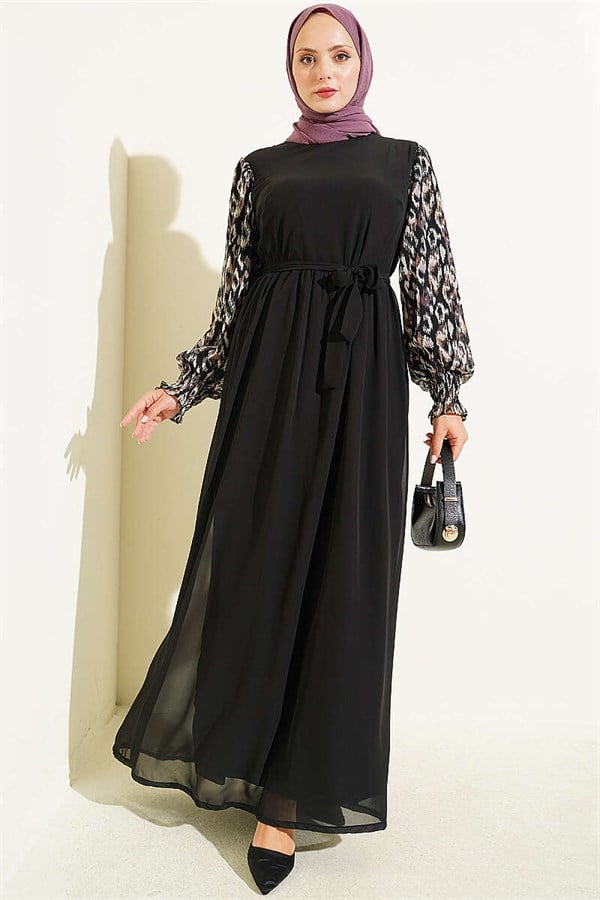 Patterned Chiffon Dress with Embellished Sleeves, Purple