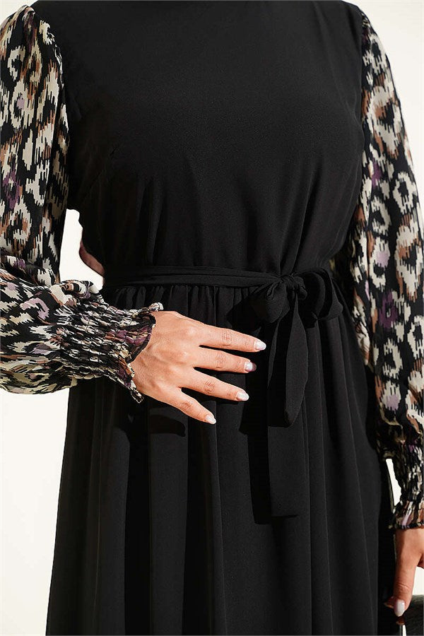 Patterned Chiffon Dress with Embellished Sleeves, Purple