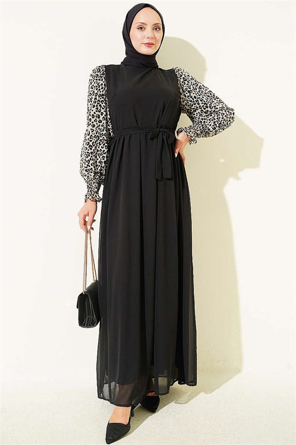 Embellished Sleeves Patterned Chiffon Dress Black