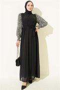 Embellished Sleeves Patterned Chiffon Dress Black