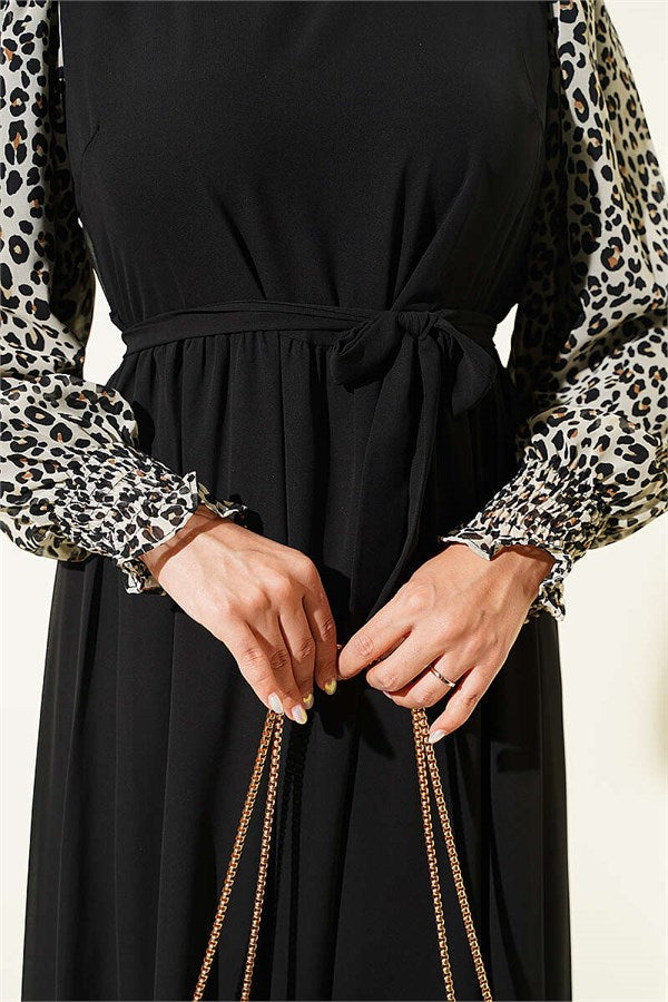 Embellished Sleeves Patterned Chiffon Dress Black
