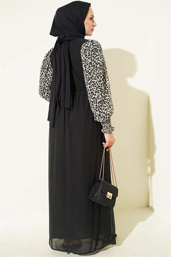 Embellished Sleeves Patterned Chiffon Dress Black