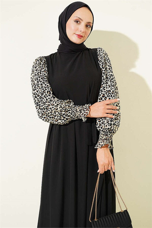Embellished Sleeves Patterned Chiffon Dress Black