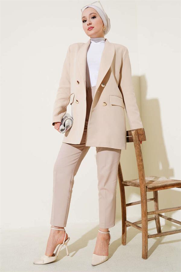 Garnished Double Breasted Beige Jacket