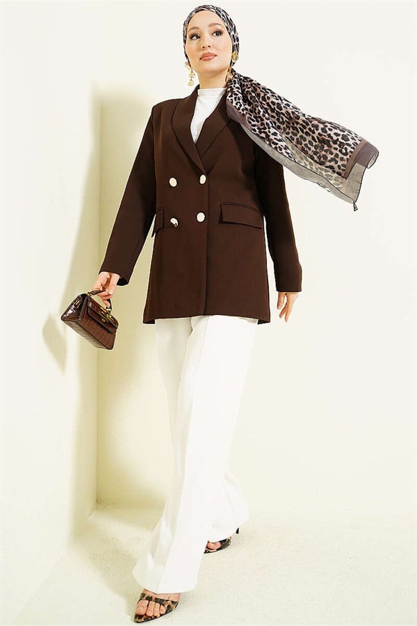 Trimmed Double-Breasted Coffee Jacket