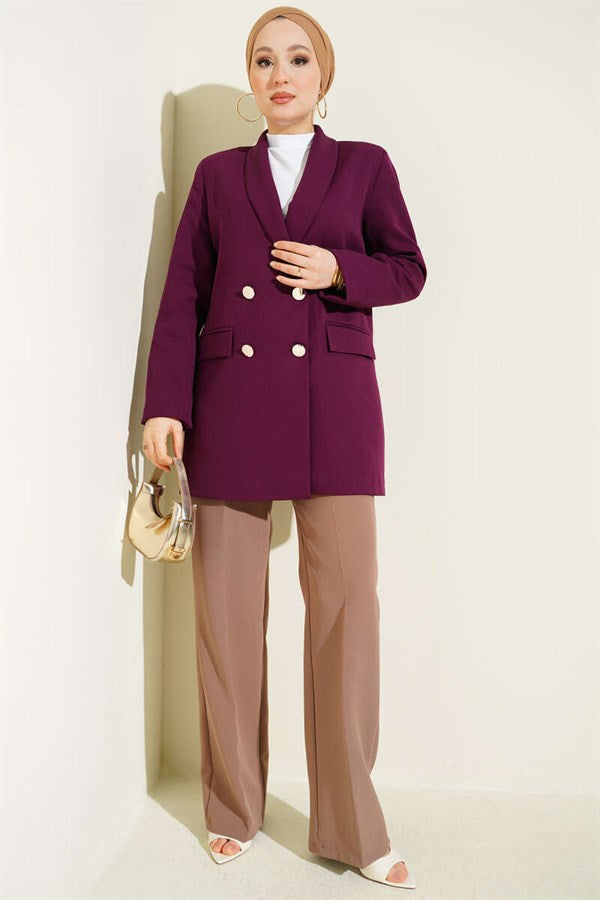 Trimmed Double-Breasted Purple Jacket