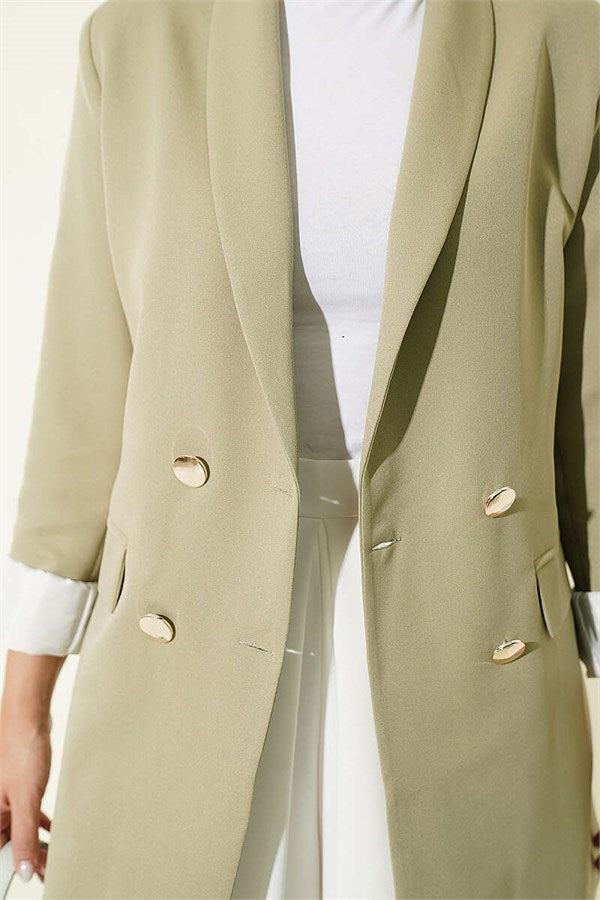 Trimmed Double-Breasted Purple Jacket in Sage Green