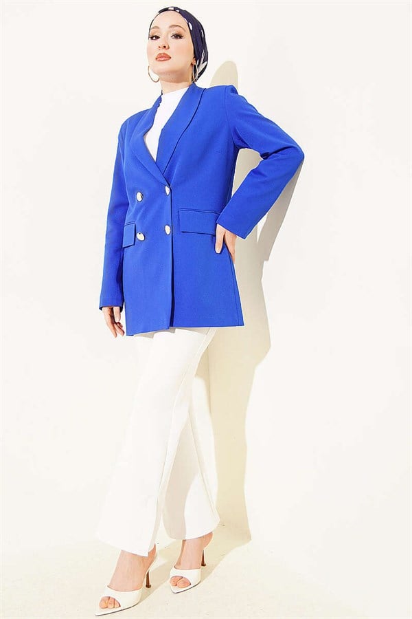 Trimmed Double-Breasted Navy Blue Jacket
