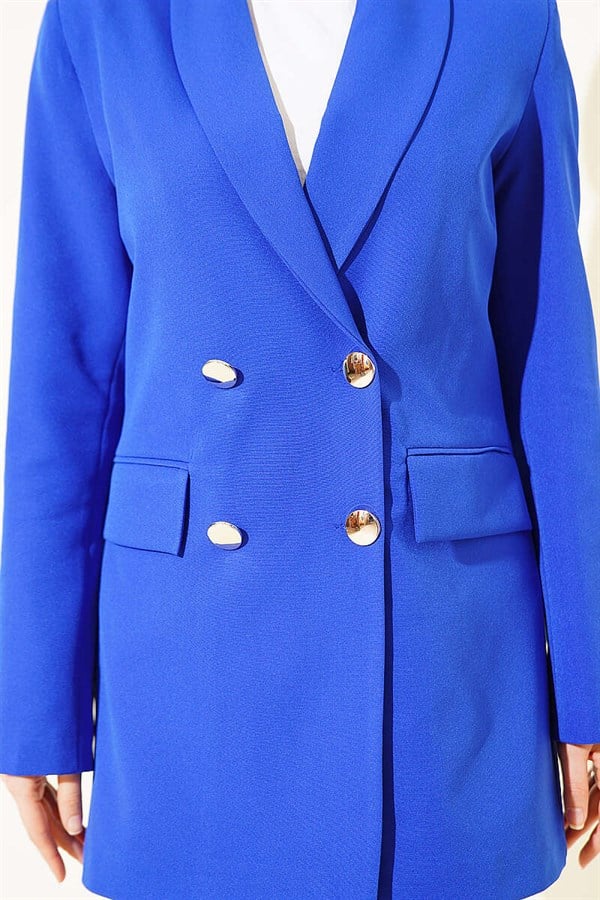 Trimmed Double-Breasted Navy Blue Jacket