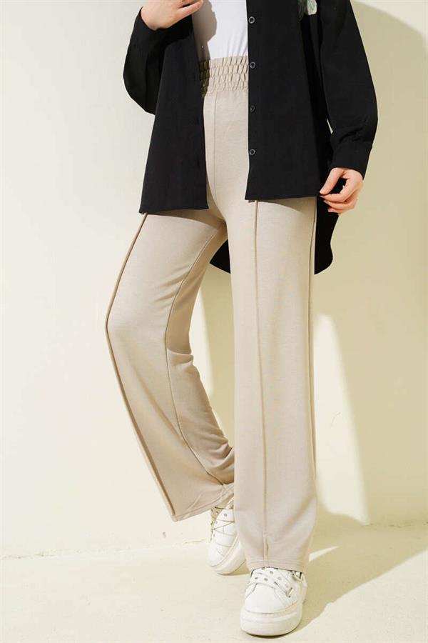Wide Waist Elasticated Pullover Trousers Beige