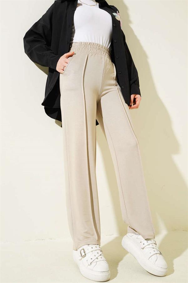 Wide Waist Elasticated Pullover Trousers Beige
