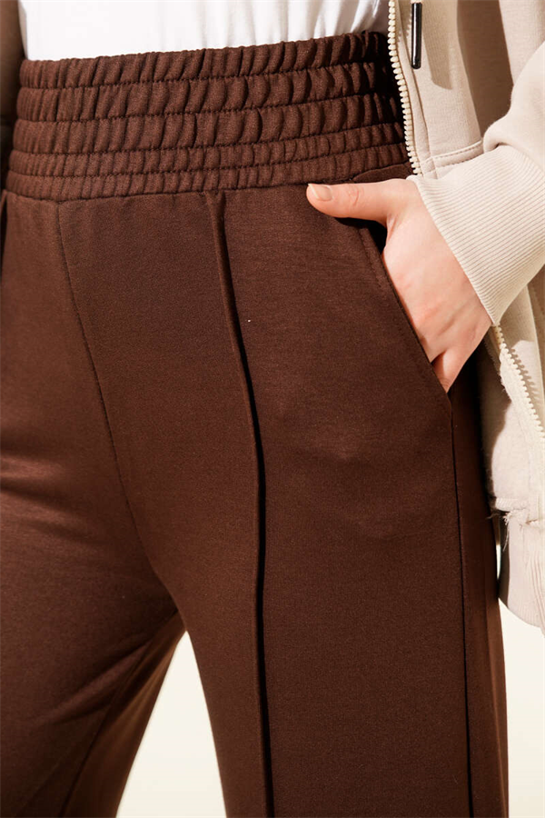 Wide Waist Elasticated Trimmed Trousers, Brown