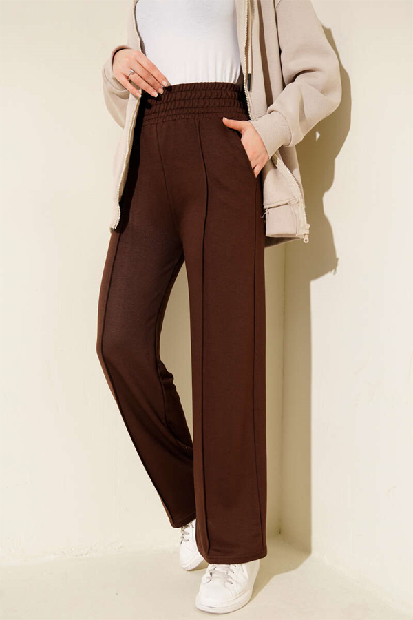 Wide Waist Elasticated Trimmed Trousers, Brown