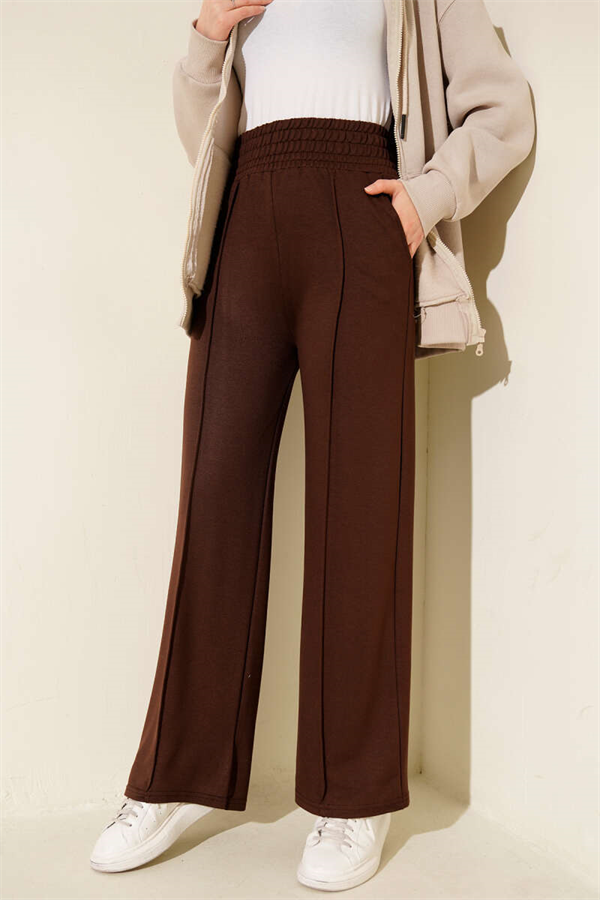 Wide Waist Elasticated Trimmed Trousers, Brown