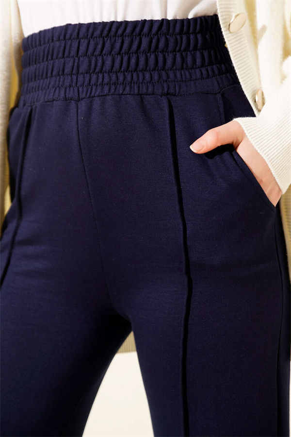 Wide Waist Elasticated Trimmed Trousers Navy Blue