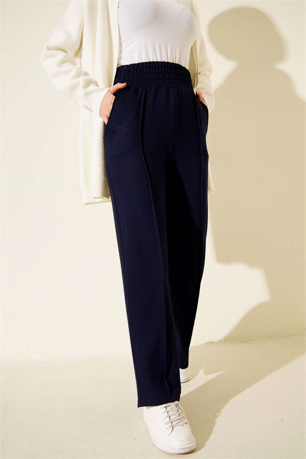 Wide Waist Elasticated Trimmed Trousers Navy Blue