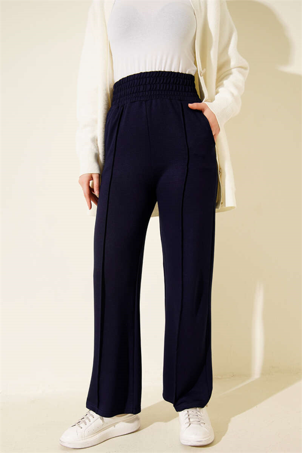 Wide Waist Elasticated Trimmed Trousers Navy Blue