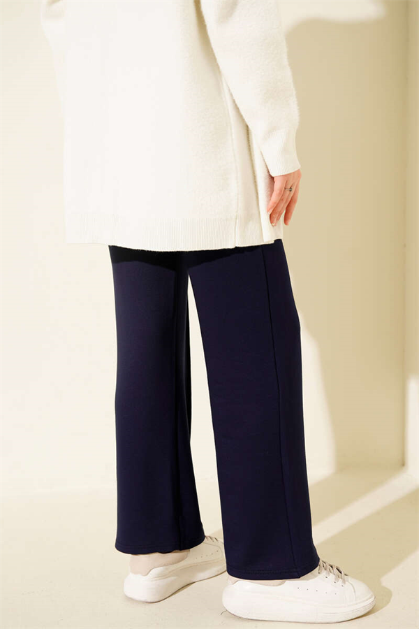 Wide Waist Elasticated Trimmed Trousers Navy Blue