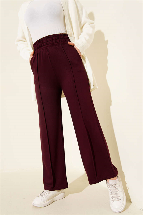 Wide Waist Elasticated Trimmed Trousers, Plum