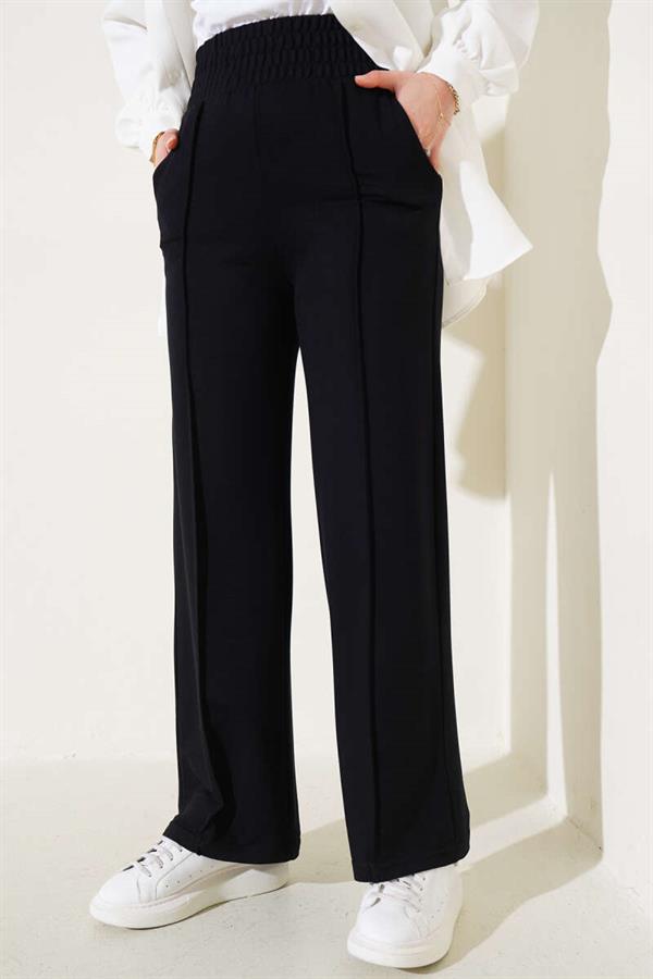Wide Waist Elasticated Pullover Trousers Black