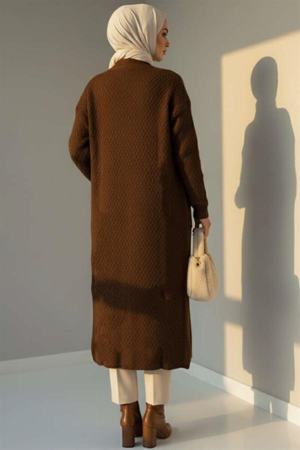 Long Knitted Cardigan with Large Pockets, Brown