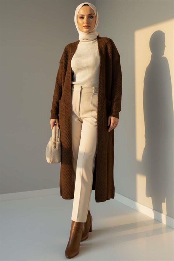 Long Knitted Cardigan with Large Pockets, Brown