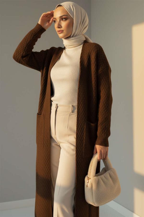 Long Knitted Cardigan with Large Pockets, Brown