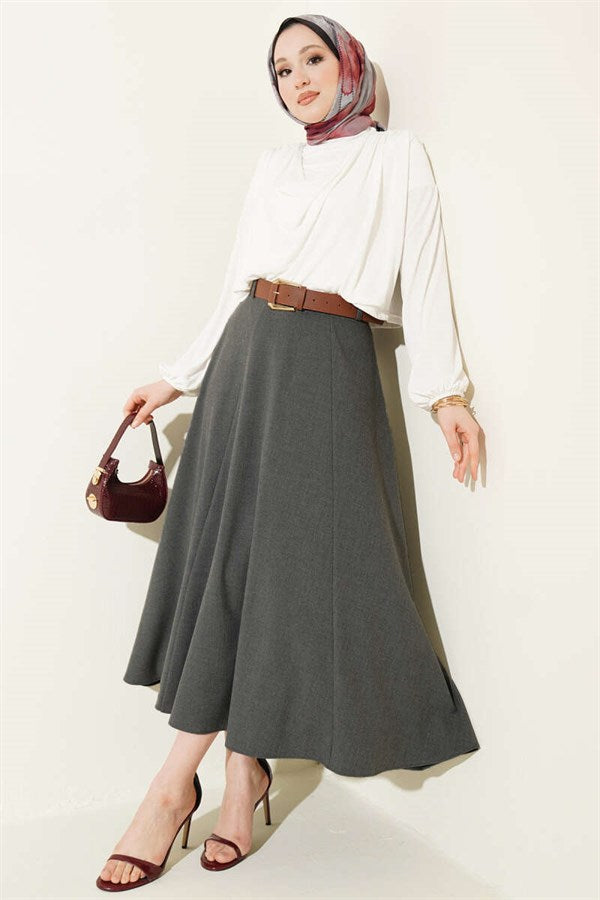 Wide Belted Waist Zipper Skirt, Smoke Grey
