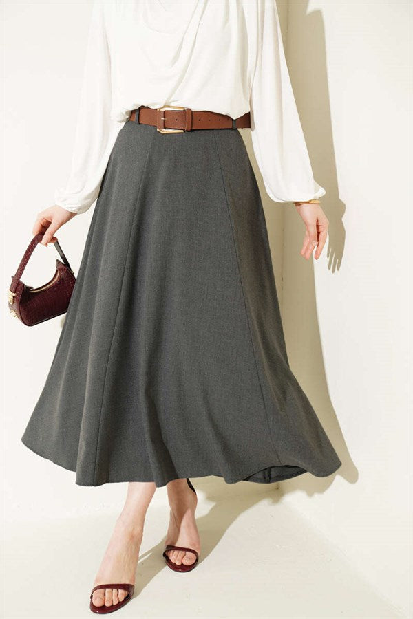 Wide Belted Waist Zipper Skirt, Smoke Grey