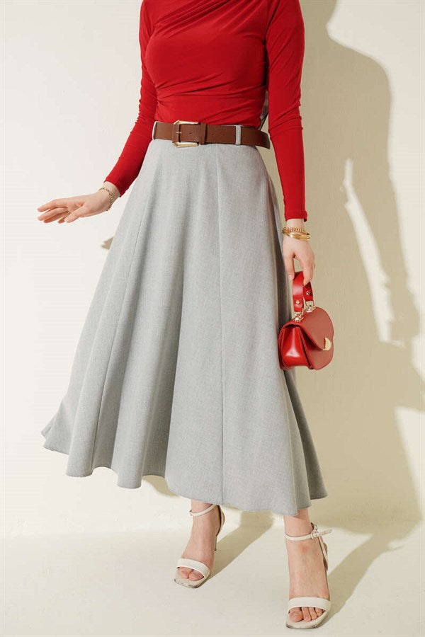 Wide Belted Waist Zipper Skirt Grey
